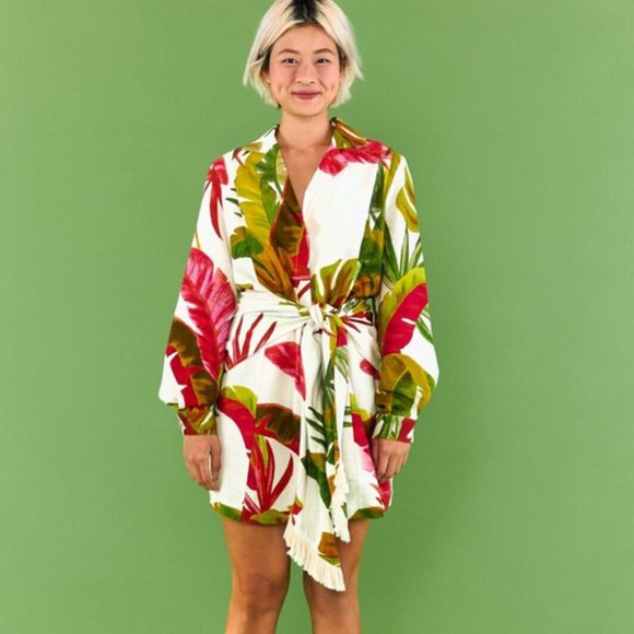 FARM Rio Dresses & Skirts - FARM Rio White Mini Dress with Green, Pink and Brown Tropical Leaves